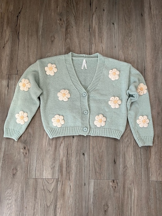 Dreamers Sweaters - Dreamers Sage Green Cropped Cardigan with Cream Flower Appliqués